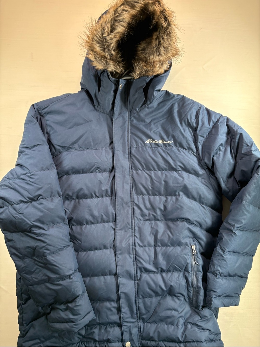 Eddie Bauer Mens XL Navy Blue Faux Fur Hooded Down Puffer Jacket Parka